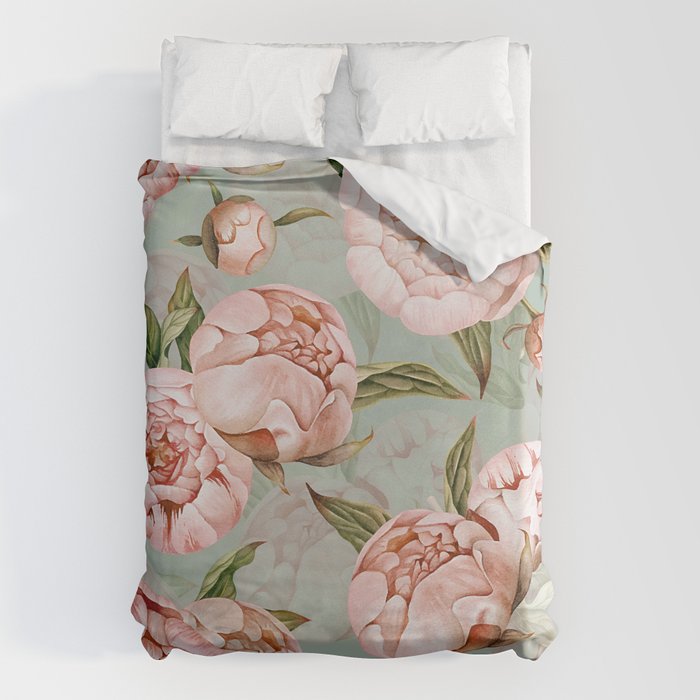 Peach Peonies Watercolor Pattern On Teal Sepia Duvet Cover