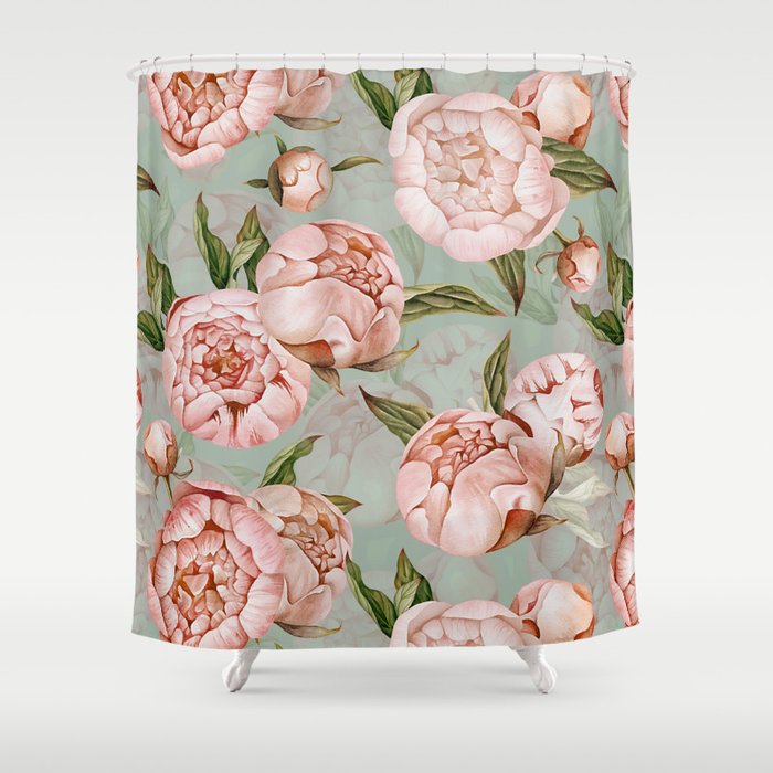 Peach Peonies Watercolor Pattern On Teal Sepia  Shower Curtain