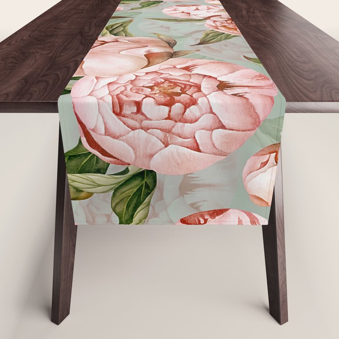 Peach Peonies Watercolor Pattern On Teal Sepia  Table Runner