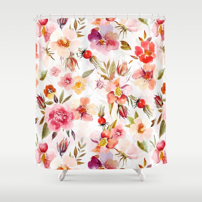 Hygge Watercolor Midsummer Dogroses Pattern  Shower Curtain