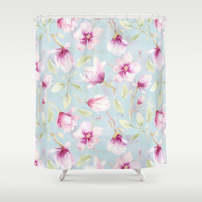 Hygge Hand Painted Watercolor Magnolia Blossoms Shower Curtain