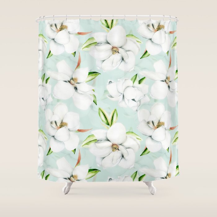 Hygge Magnolia Watercolor Pastel Flowers Shower Curtain