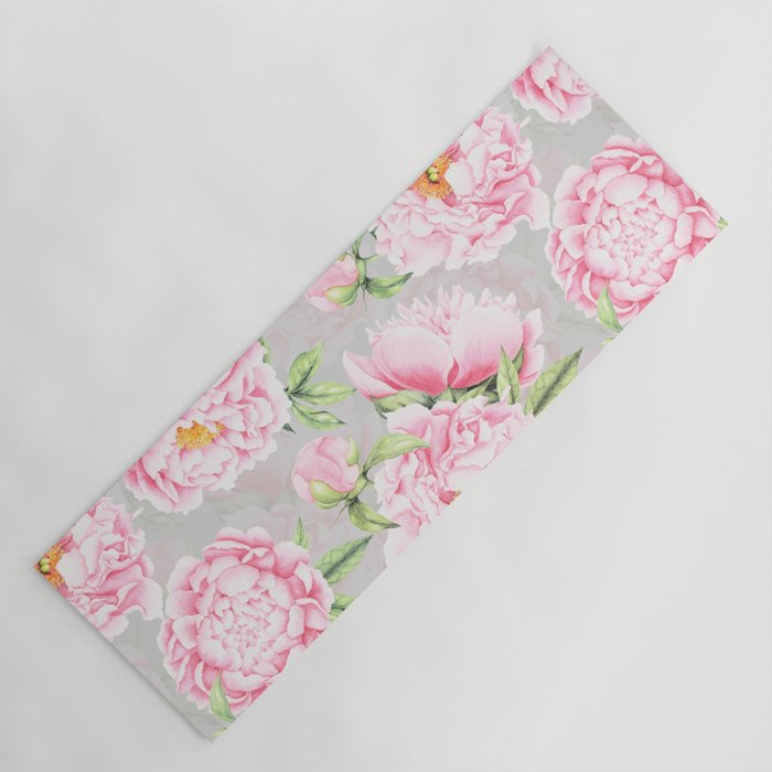 Hygge Blush Pink Peonies Pattern On Gray Yoga Mat