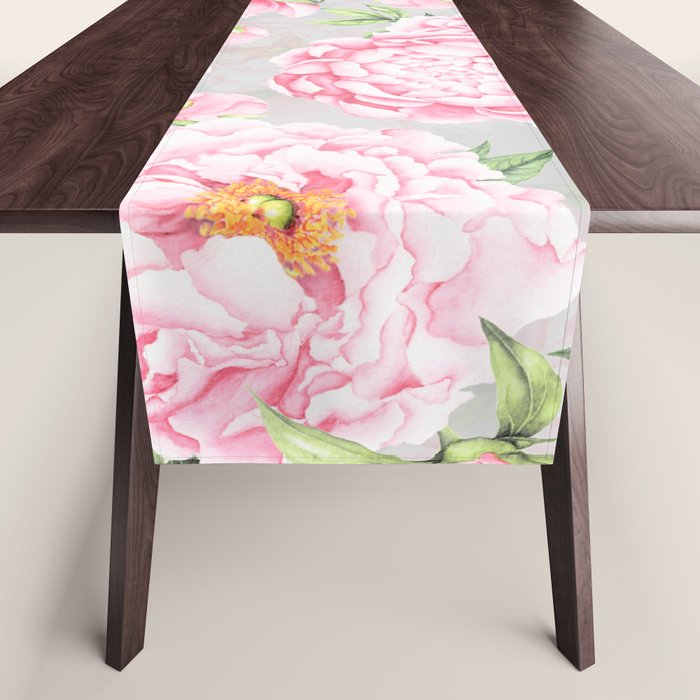 Hygge Blush Pink Peonies Pattern On Gray Table Runner