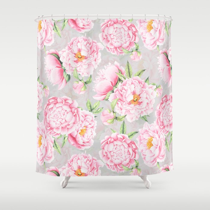 Hygge Blush Pink Peonies Pattern On Gray Shower Curtain