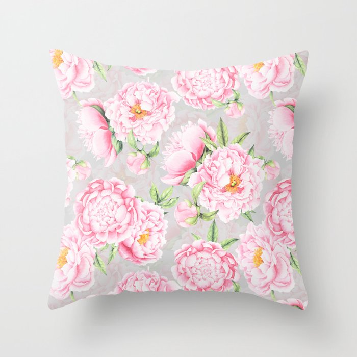Hygge Blush Pink Peonies Pattern On Gray Throw Pillow