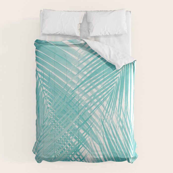 Soft Turquoise Palm Leaves Dream - Cali Summer Vibes #3 #Tropical #Decor #Art Comforter