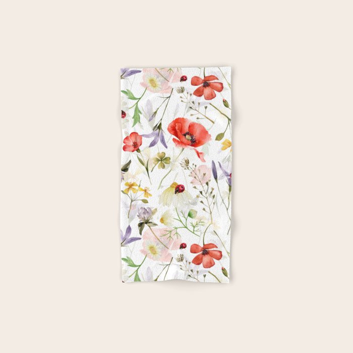 Watercolor Poppies Cornflowers Hygge Midummer Meadow Bath Towel