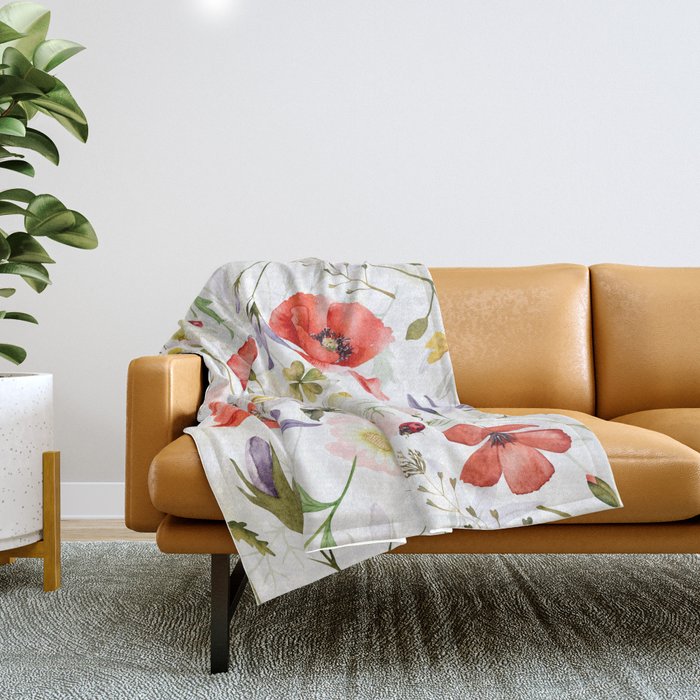 Watercolor Poppies Cornflowers Hygge Midummer Meadow Throw Blanket