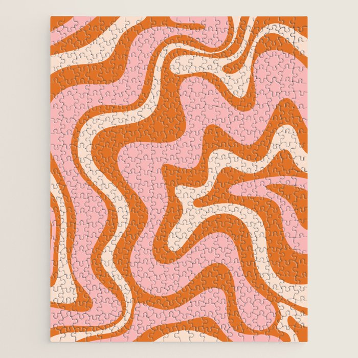 Liquid Swirl Retro Abstract Pattern In Orange Pink Cream Jigsaw Puzzle