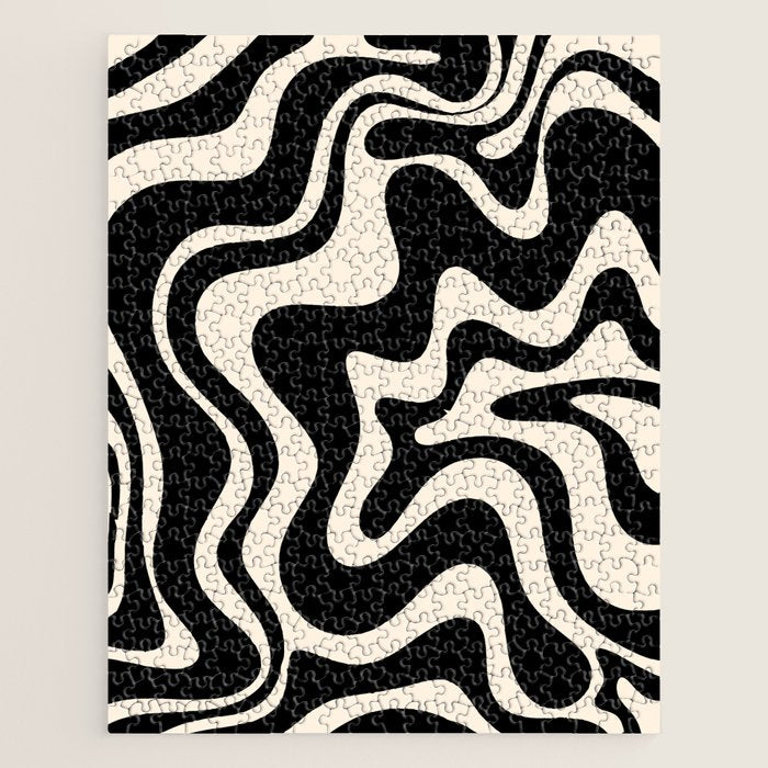Retro Liquid Swirl Abstract In Black And Almond Cream  Jigsaw Puzzle