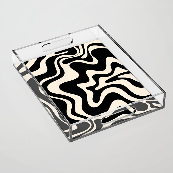 Retro Liquid Swirl Abstract In Black And Almond Cream  Acrylic Tray