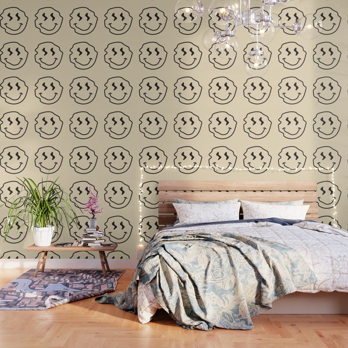 Wonky Smiley Face - Black And Cream Wallpaper