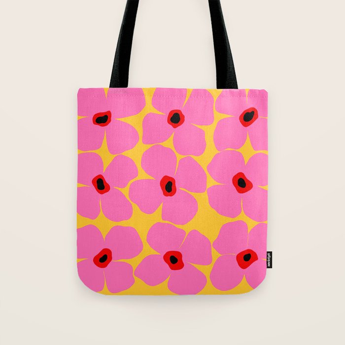 Abstract Pink Flowers With Yellow Background Tote Bag