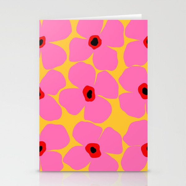 Abstract Pink Flowers With Yellow Background Stationery Card