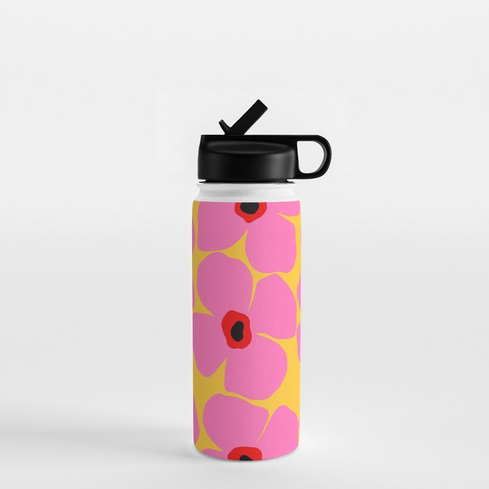 Abstract Pink Flowers With Yellow Background Water Bottle