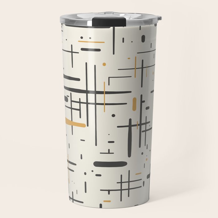 Mid-Century Modern Kinetikos Pattern In Charcoal Gray, Muted Mustard Gold, And Cream Travel Mug