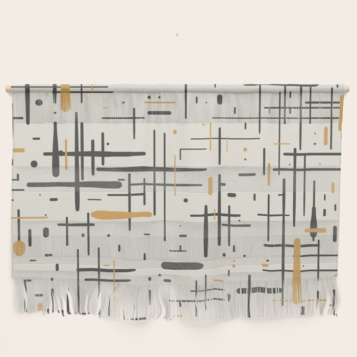 Mid-Century Modern Kinetikos Pattern In Charcoal Gray, Muted Mustard Gold, And Cream Wall Hanging