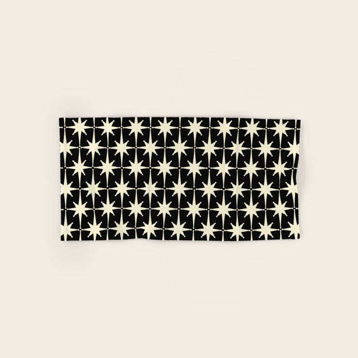 Midcentury Modern Atomic Age Starburst Pattern In Retro Cream And Black Bath Towel