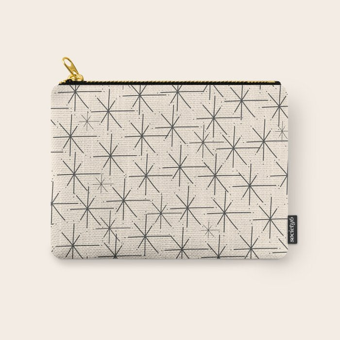 Stella - Atomic Age Mid Century Modern Starburst Pattern In Charcoal Gray And Almond Cream Carry All Pouch