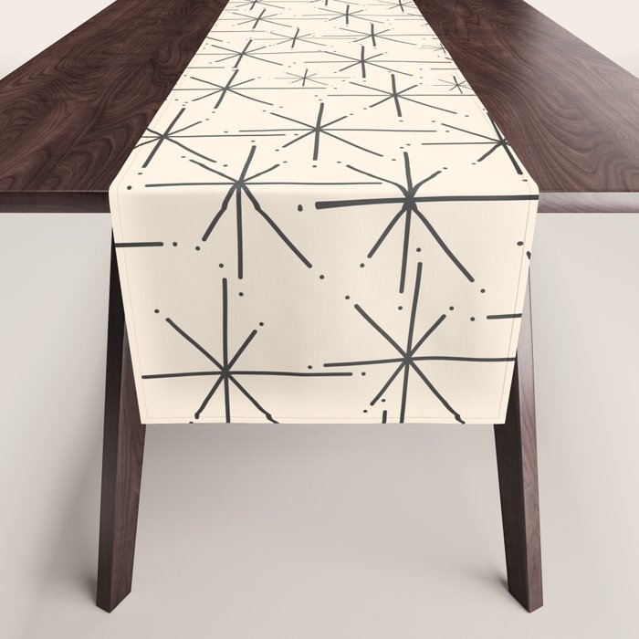 Stella - Atomic Age Mid Century Modern Starburst Pattern In Charcoal Gray And Almond Cream Table Runner