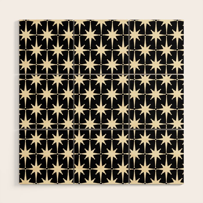 Midcentury Modern Atomic Age Starburst Pattern In Retro Cream And Black Wood Wall Art