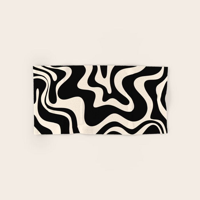 Retro Liquid Swirl Abstract Pattern 3 In Black And Almond Cream Bath Towel