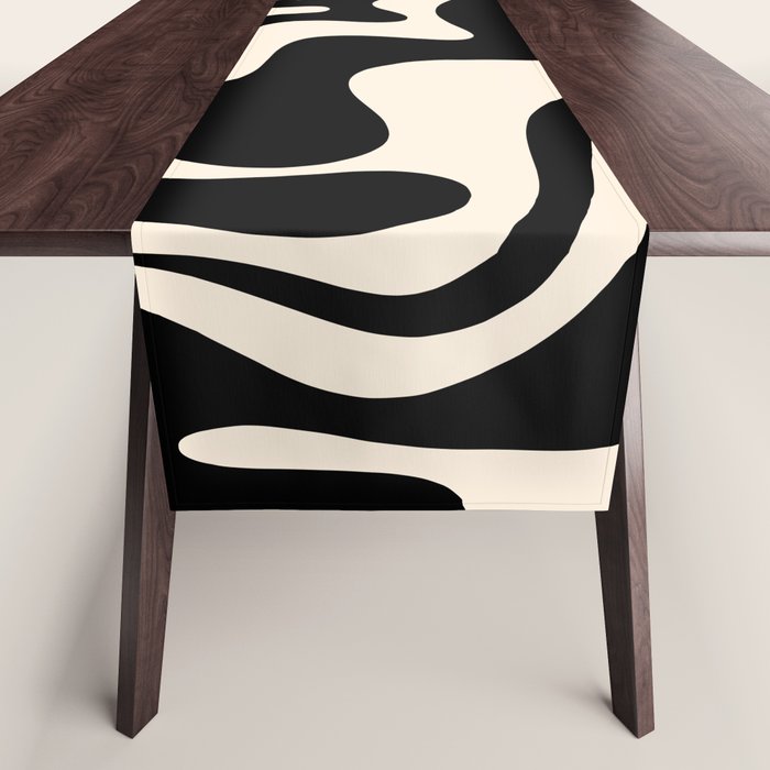 Retro Liquid Swirl Abstract Pattern 3 In Black And Almond Cream Table Runner