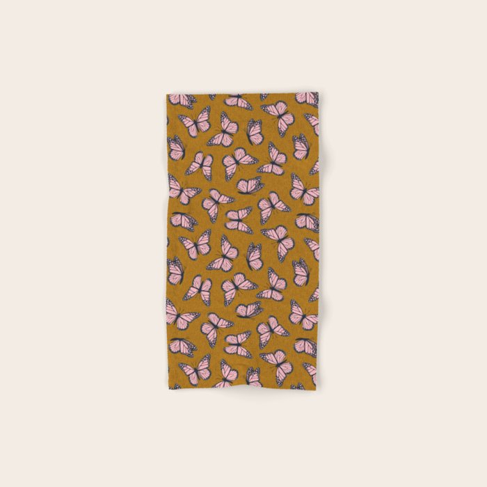 Monarch Butterflies - Pink On Ginger Bath Towel
