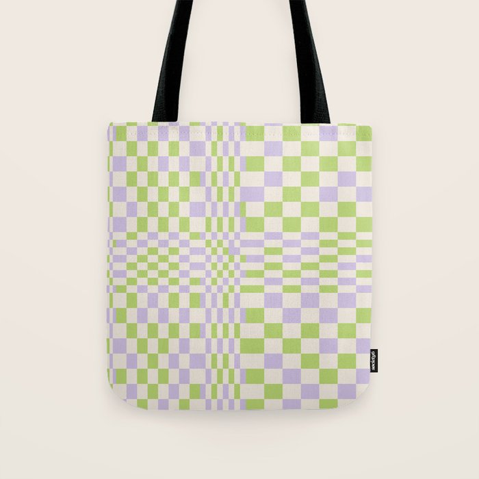 Happy Colorful Checkered Pattern Green And Lilac Tote Bag