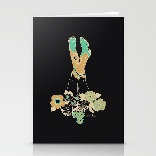 Love Stoned Cowboy Boots - Emerald, Cream, Black Stationery Card