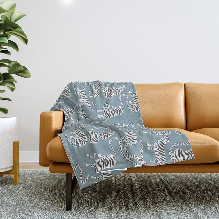 Tiger Collection - White On Blue Throw Blanket