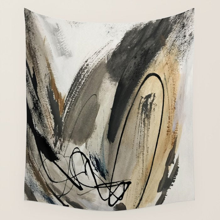 Drift [5]: A Neutral Abstract Mixed Media Piece In Black, White, Gray, Brown Wall Tapestry