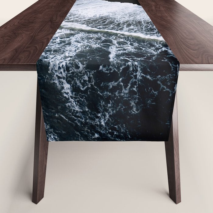 Waves Crashing On A Black Sand Beach - Minimal Landscape Photography Table Runner