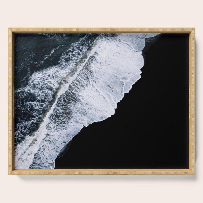 Waves Crashing On A Black Sand Beach - Minimal Landscape Photography Serving Tray