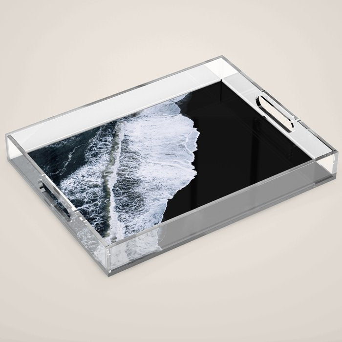 Waves Crashing On A Black Sand Beach - Minimal Landscape Photography Acrylic Tray