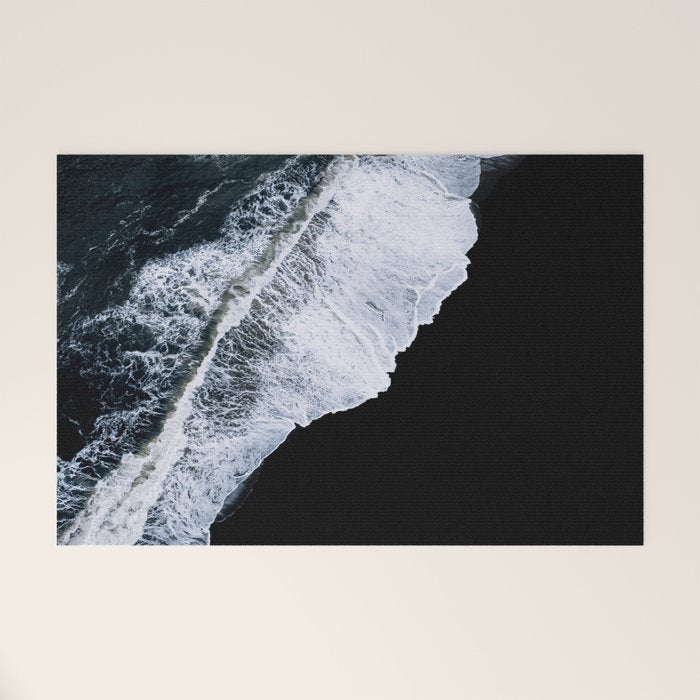 Waves Crashing On A Black Sand Beach - Minimal Landscape Photography Welcome Mat