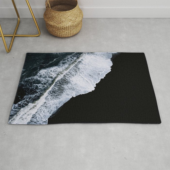 Waves Crashing On A Black Sand Beach - Minimal Landscape Photography Rug
