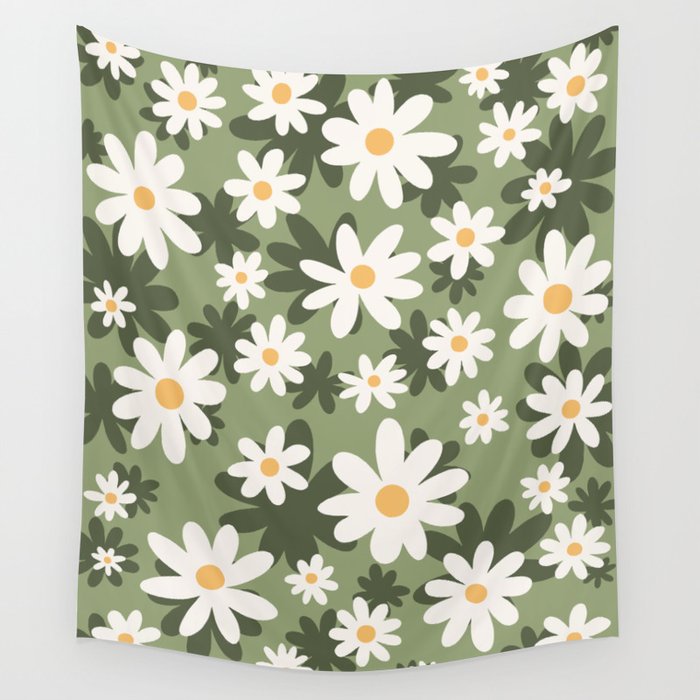 Flower Market London, Retro Daisies  Print, Green Ditsy Pattern Wall Tapestry