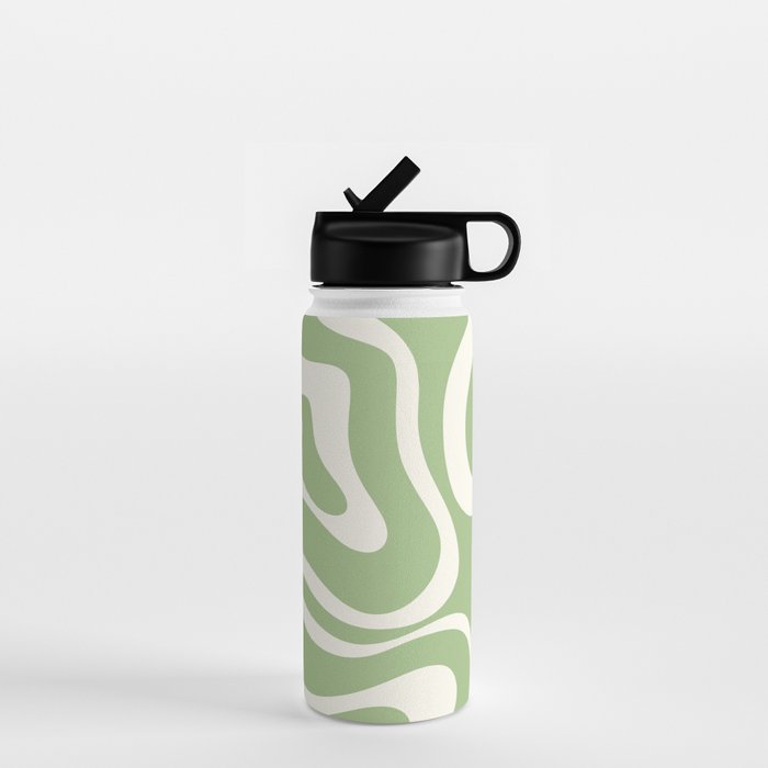 Modern Liquid Swirl Abstract Pattern In Light Sage Green And Cream Water Bottle
