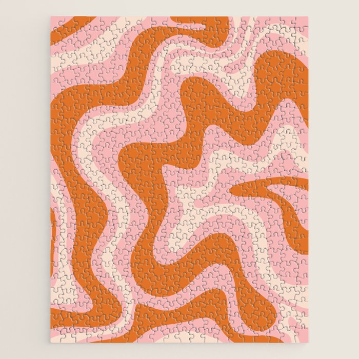 Liquid Swirl Retro Abstract Pattern In Pink Orange Cream Jigsaw Puzzle