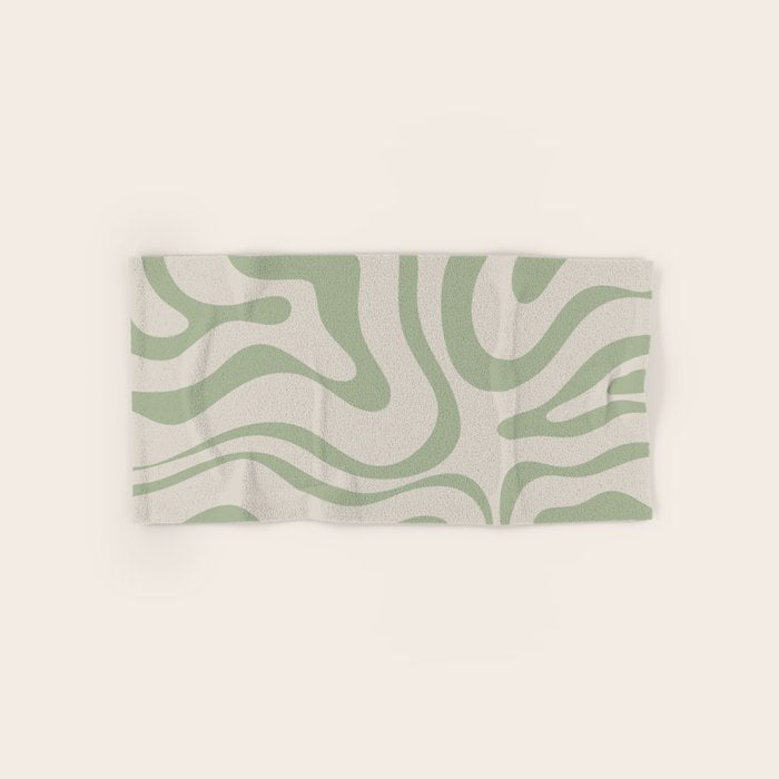 Liquid Swirl Abstract Pattern In Almond And Sage Green Bath Towel
