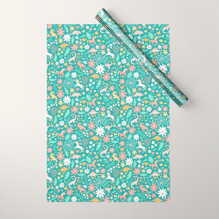 Dinosaurs + Unicorns On Teal Wrapping Paper