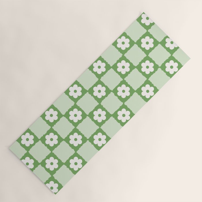 Retro Flower Checker In Forest Green Yoga Mat