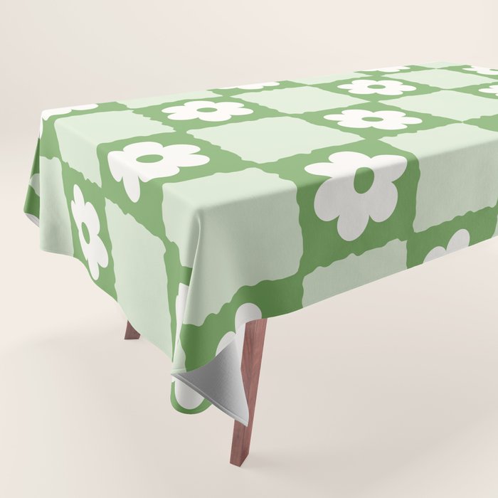 Retro Flower Checker In Forest Green Tablecloth