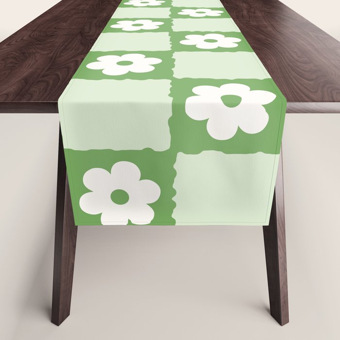 Retro Flower Checker In Forest Green Table Runner