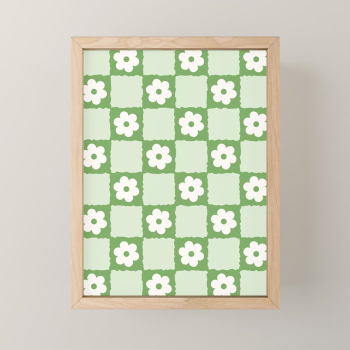 Retro Flower Checker In Forest Green Mini Art Print