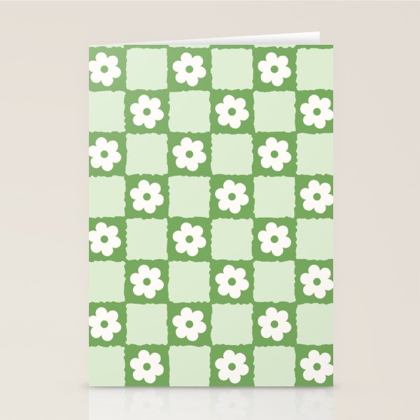 Retro Flower Checker In Forest Green Stationery Card