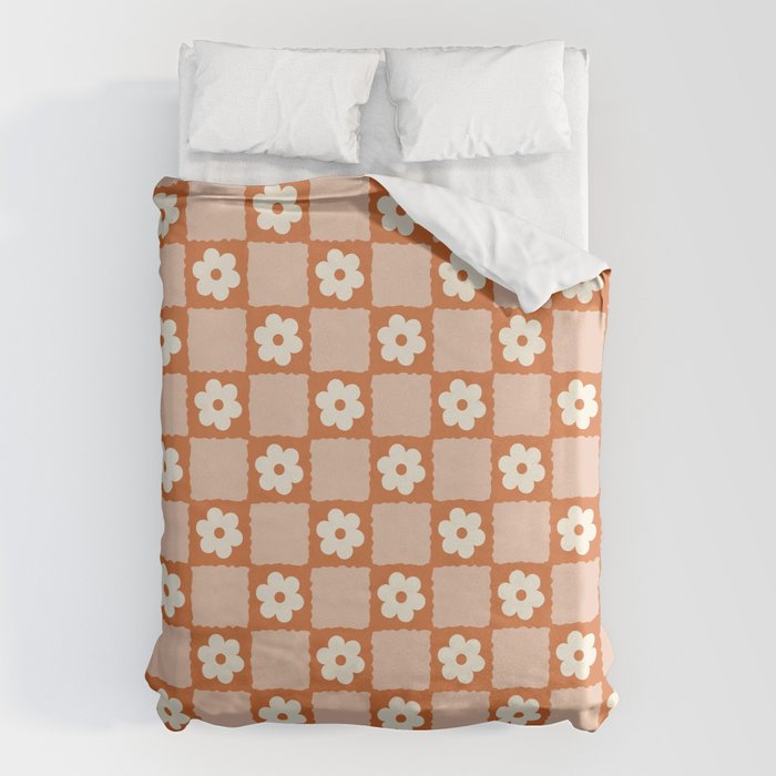 Flower Checker In Burnt Orange  Duvet Cover