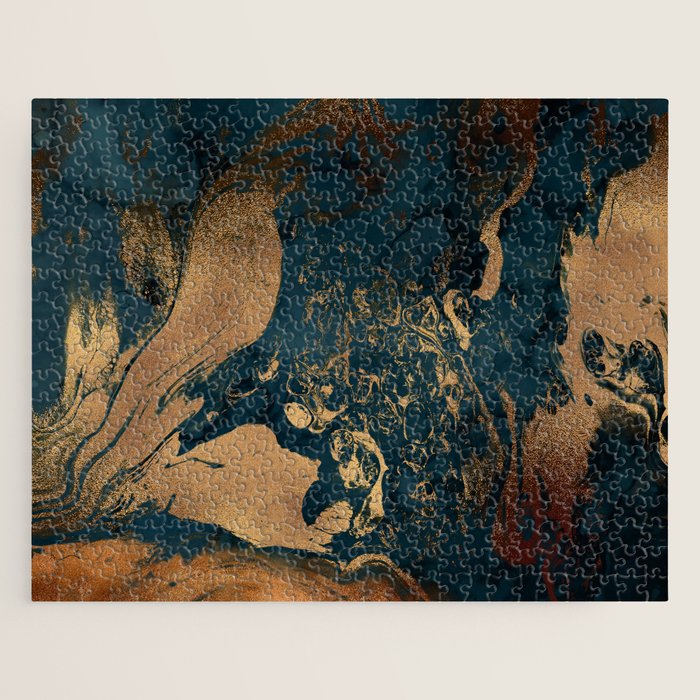 Emerald Indigo And Copper Glamour Marble Jigsaw Puzzle